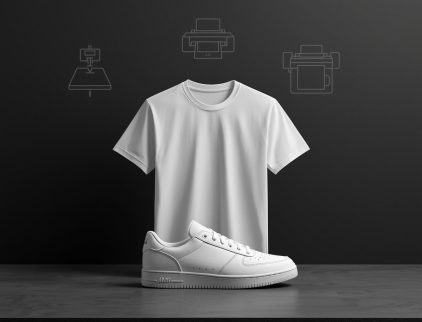 baner wpisu odziezy do nadruku biala koszulka biale buty na czarnym tle